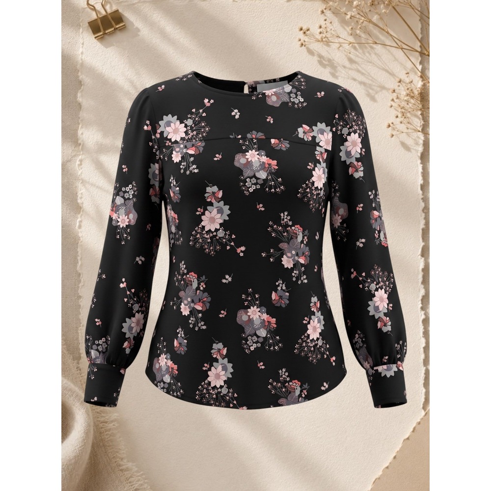 LOFT Dark Floral Print Long Sleeve Keyhole Back Blouse Black Medium
